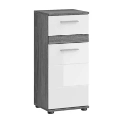 Rootz Living Byråer>Rootz Blake byrå - Badrumskåp - Lagringsenhet - Vit högglans - Rök silver replika - 35 cm x 79 cm x 31 cm