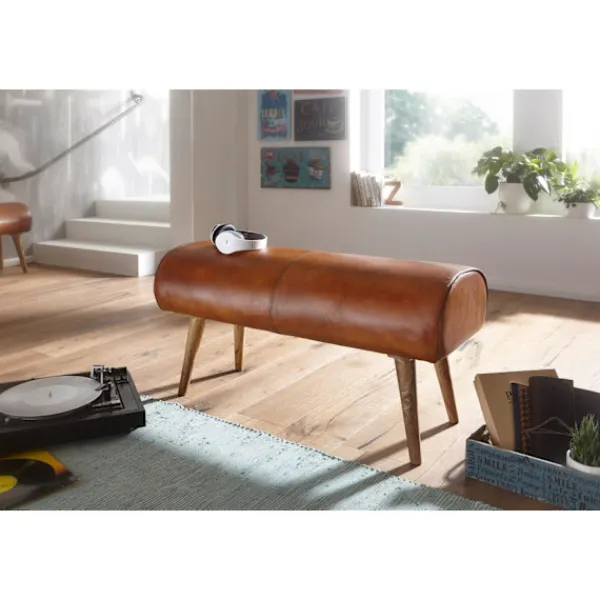 Rootz Living Balkongmöbler>Rootz bänk äkta läder - massivt trä bänk 100x53x40 cm - 2-sits stoppad bänk hall springbok brun - Liten läder sängbänk Hall möbel hall bänk