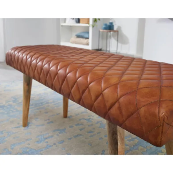 Rootz Living Balkongmöbler>Rootz bänk äkta läder - massivt trä bänk 115x53x38 cm - 2 sits klädd bänk hall matsal brun - Liten läder sängbänk Hall möbel hall bänk