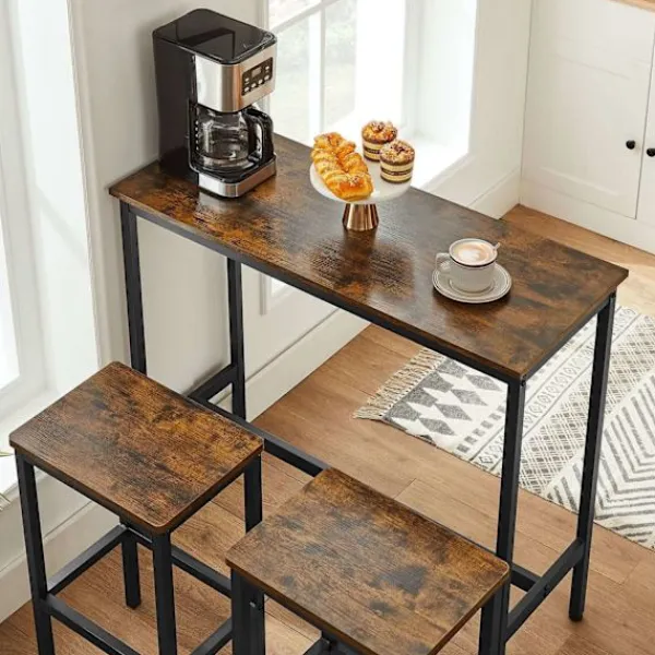 Rootz Living Matgrupper>Rootz 3-delad vintage brun-svart barbordsset - spånskiva stål - pubbord - bänkhöjd bord - köksbord - 100cm x 40cm x 90cm