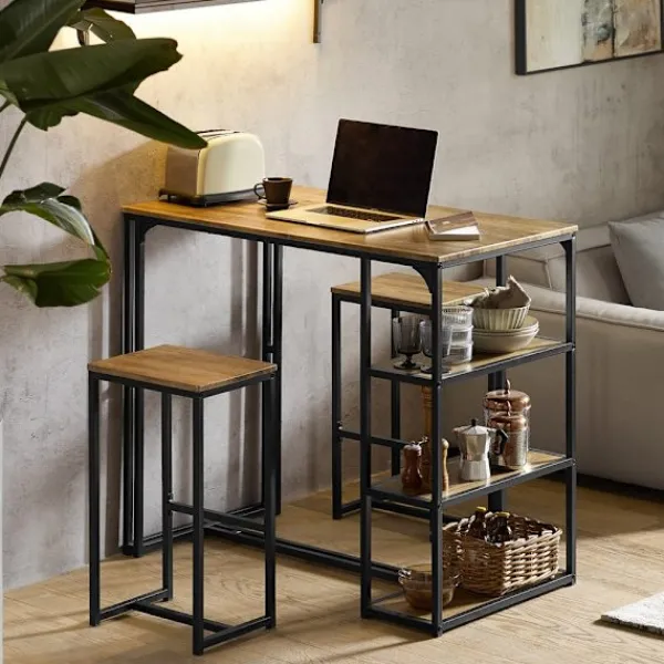 Rootz Living Matgrupper>Rootz 3-delade barbordsset - Barbord med 2 stolar - Matsalsset - MDF-bordsskiva med PVC - Metallram - Platsbesparande förvaringshyllor - Perfekt för k | Fyndiq