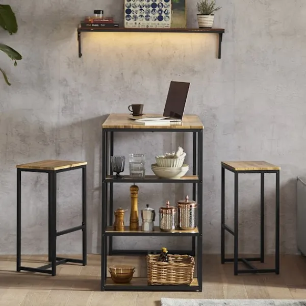 Rootz Living Matgrupper>Rootz 3-delade barbordsset - Barbord med 2 stolar - Matsalsset - MDF-bordsskiva med PVC - Metallram - Platsbesparande förvaringshyllor - Perfekt för k | Fyndiq