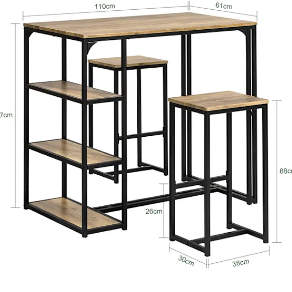 Rootz Living Matgrupper>Rootz 3-delade barbordsset - Barbord med 2 stolar - Matsalsset - MDF-bordsskiva med PVC - Metallram - Platsbesparande förvaringshyllor - Perfekt för k | Fyndiq