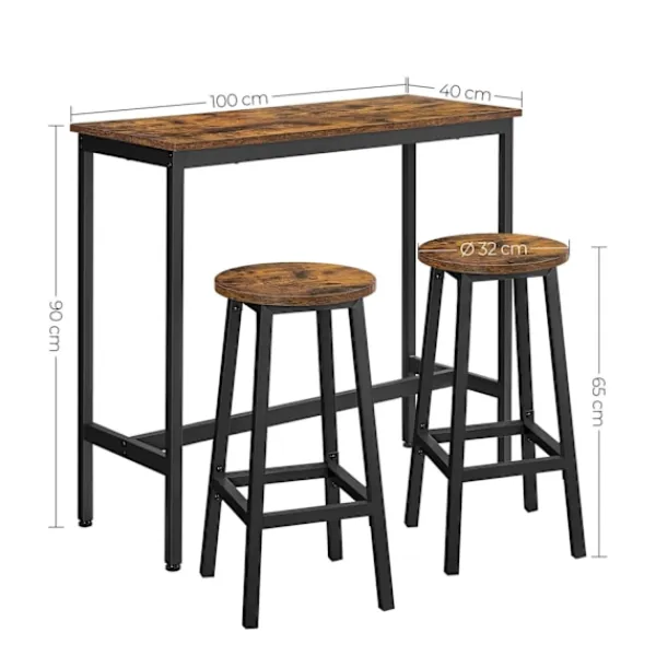 Rootz Living Matgrupper>Rootz 3-delade barbordsset - Vintage Brun-Svart - Spånskiva stål - 100cm x 90cm x 40cm - 65cm x 32cm (Ø x H) - 18,1kg - 100kg Statisk belastningskapac | Fyndiq