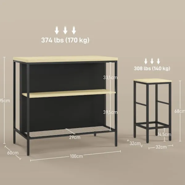 Rootz Living Matgrupper>Rootz 3-delade barbordsset - Barstolar - Pubbord - Fläckbeständigt - Utrymmesbesparande - Stålstomme - 100W x 60D x 95H cm (Bord), 32W x 32D x 68H cm | Fyndiq