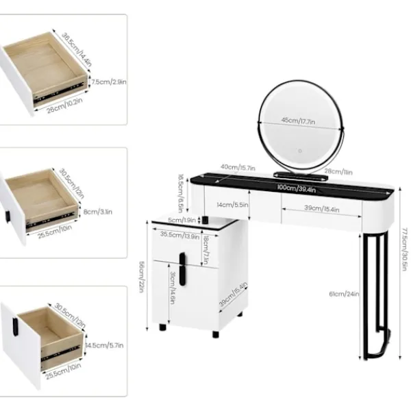 Rootz Living Sminkbord>Rootz Deluxe Makeup Vanity - Sminkbord - Beauty Station - Justerbar LED-belysning - Rymlig förvaring - Robust design - 100cm x 125cm x 40cm