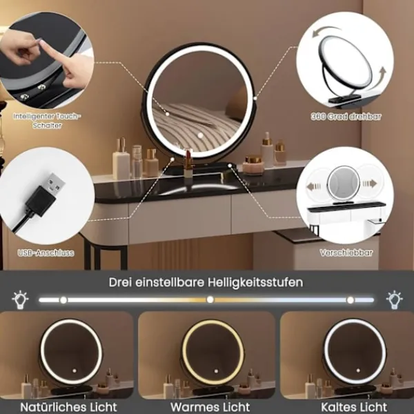 Rootz Living Sminkbord>Rootz Deluxe Makeup Vanity - Sminkbord - Beauty Station - Justerbar LED-belysning - Rymlig förvaring - Robust design - 100cm x 125cm x 40cm