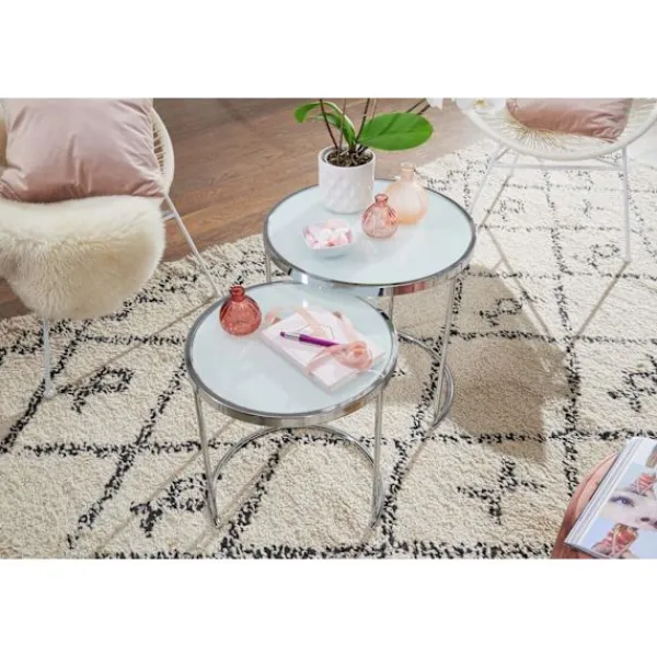 Rootz Living Småbord>Rootz design sidobord runt Ø 50-42 cm - 2 st vit silver med glas