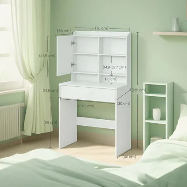 Rootz Living Sminkbord>Rootz Elegant toalettbord - Friktionsbord - Vanity Table - Inkluderar Mirror & Drawer - Träflipplatta - 70 cm x 40 cm x 136 cm