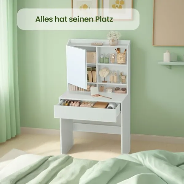 Rootz Living Sminkbord>Rootz Elegant toalettbord - Friktionsbord - Vanity Table - Inkluderar Mirror & Drawer - Träflipplatta - 70 cm x 40 cm x 136 cm