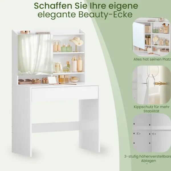 Rootz Living Sminkbord>Rootz Elegant toalettbord - Friktionsbord - Vanity Table - Inkluderar Mirror & Drawer - Träflipplatta - 70 cm x 40 cm x 136 cm