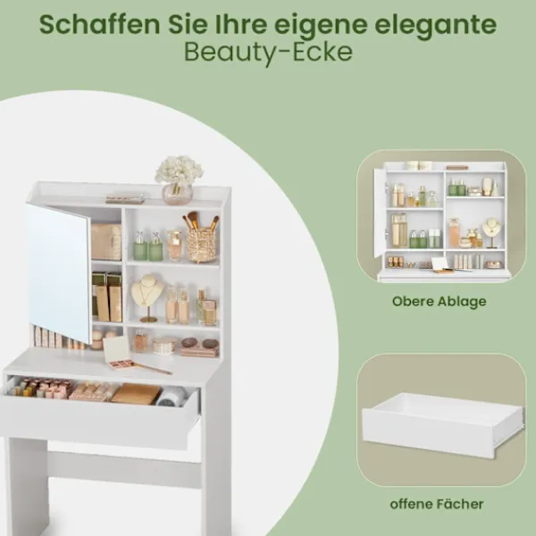 Rootz Living Sminkbord>Rootz Elegant toalettbord - Friktionsbord - Vanity Table - Inkluderar Mirror & Drawer - Träflipplatta - 70 cm x 40 cm x 136 cm