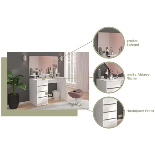Rootz Living Sminkbord>Rootz emma toalettbord skrivbord - vitt toalettbord - kosmetiskt bord - lagringsutrymme - 110 cm x 75 cm x 48 cm