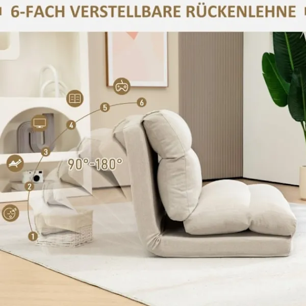 Rootz Living Fåtöljer>Rootz Floor Chair - Meditationsstol - Solstol - Säng - Justerbart ryggstöd i 6 nivåer - Mjukt tygöverdrag - Kompakt - Beige - 70cm x 41cm x 56cm