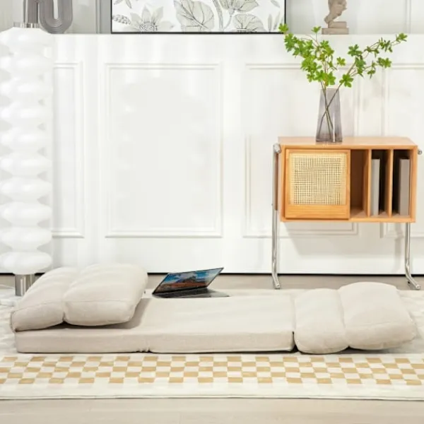 Rootz Living Fåtöljer>Rootz Floor Chair - Meditationsstol - Solstol - Säng - Justerbart ryggstöd i 6 nivåer - Mjukt tygöverdrag - Kompakt - Beige - 70cm x 41cm x 56cm