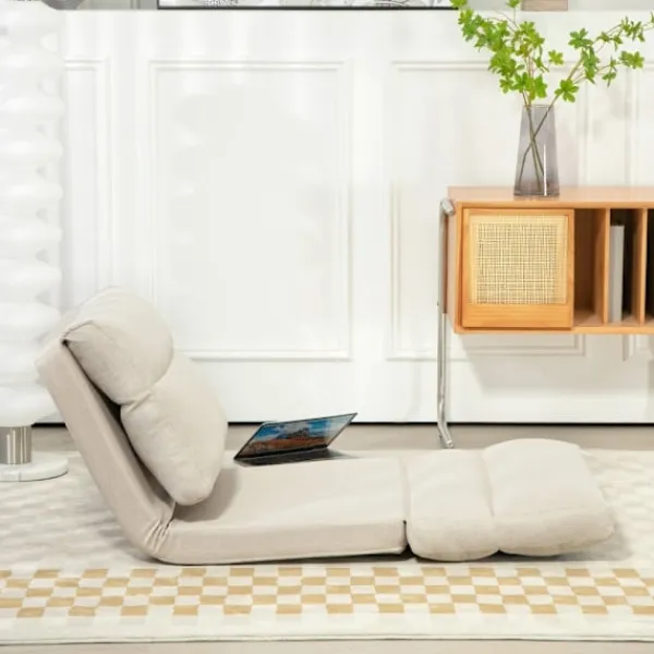 Rootz Living Fåtöljer>Rootz Floor Chair - Meditationsstol - Solstol - Säng - Justerbart ryggstöd i 6 nivåer - Mjukt tygöverdrag - Kompakt - Beige - 70cm x 41cm x 56cm