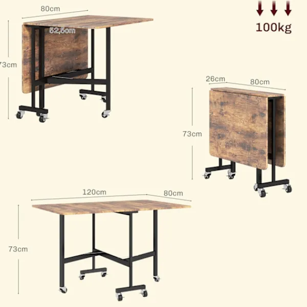 Rootz Living Matbord>Rootz folding matbord - Hollfällbart - utrymmebesparande - rymmer 6 personer - 120 cm x 80 cm x 73 cm - perfekt för små utrymmen - hjul & bromsar