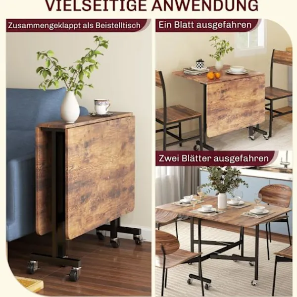 Rootz Living Matbord>Rootz folding matbord - Hollfällbart - utrymmebesparande - rymmer 6 personer - 120 cm x 80 cm x 73 cm - perfekt för små utrymmen - hjul & bromsar