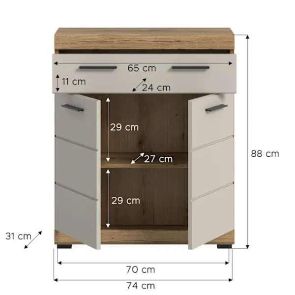 Rootz Living Byråer>Rootz Freestanding Cabinet - Lagringsenhet - Arrangör - gott om lagring - 74x88x31cm - Evoak Oak & Cashmere Imitation MDF Front
