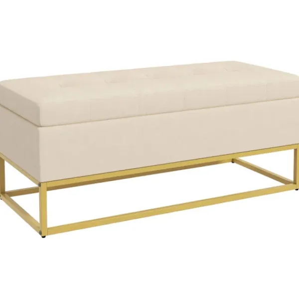 Rootz Living Kistor & Koffertar>Rootz förvaringsbänk - Dekorativa knappsömmar - Flanelllook - Guldstålben - Beige - 110 x 47 x 46,5 cm