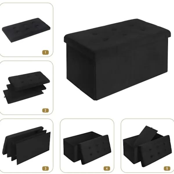 Rootz Living Sittpuffar>Rootz Förvaringsbänk - Osmansk - Sittkista - Sammetspall - Möbelkoffert - Klädd låda - Svart - 76x37,5x38 cm