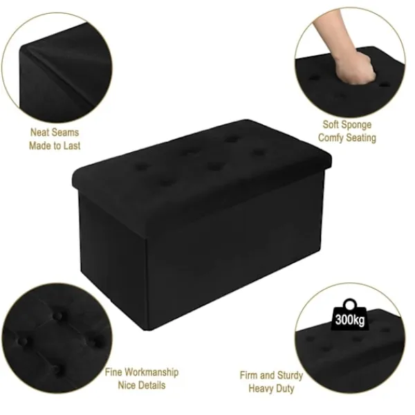 Rootz Living Sittpuffar>Rootz Förvaringsbänk - Osmansk - Sittkista - Sammetspall - Möbelkoffert - Klädd låda - Svart - 76x37,5x38 cm