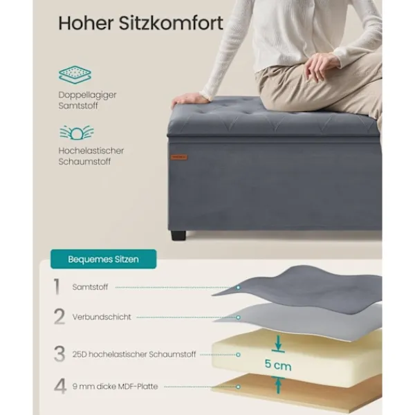 Rootz Living Sittpuffar>Rootz förvaringspall - ottomansk bänk - sammetsklädsel - MDF-konstruktion - 40 cm x 110 cm x 40 cm - skiffergrå