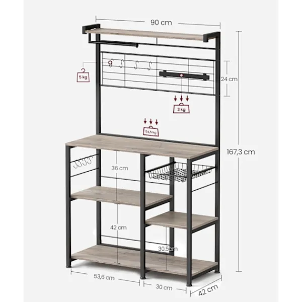 Rootz Living Köksö>Rootz Greige Svart Köksförvaringsställ - Spånskiva stål Organizer - Skafferi Hylla - Heavy Duty - 42cm x 90cm x 167,3cm