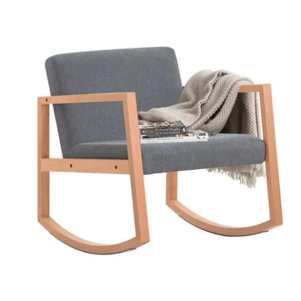 Rootz Living Fåtöljer>Rootz gungstol - Gungstol - Relaxstol - Bokträ & bomullstyg - Bekväma & tvättbara kuddar - Stabil med golvskydd - 66cm x 73cm x 75cm