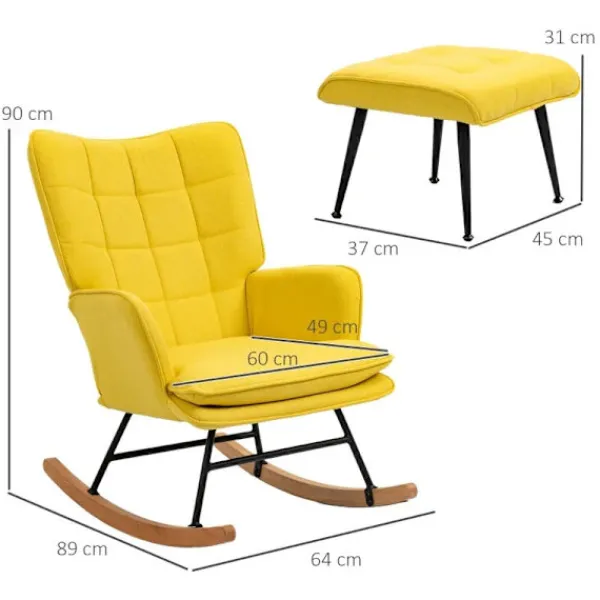 Rootz Living Fåtöljer>Rootz gungstol med ottoman - Scandi Design -brocking stol med fotpall - Bokträ - Quiltning - Imitation av linne - Gul - 64 cm x 89 cm x 90 cm