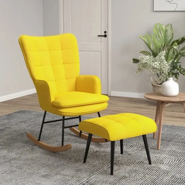 Rootz Living Fåtöljer>Rootz gungstol med ottoman - Scandi Design -brocking stol med fotpall - Bokträ - Quiltning - Imitation av linne - Gul - 64 cm x 89 cm x 90 cm
