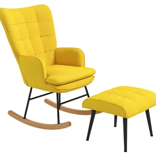 Rootz Living Fåtöljer>Rootz gungstol med ottoman - Scandi Design -brocking stol med fotpall - Bokträ - Quiltning - Imitation av linne - Gul - 64 cm x 89 cm x 90 cm