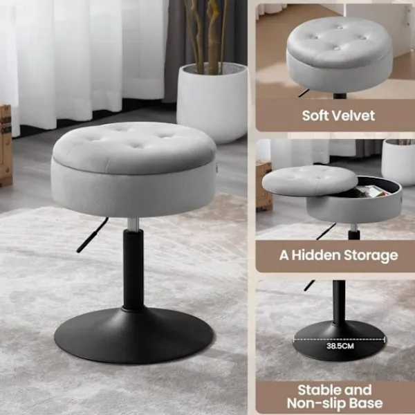 Rootz Living Pallar>Rootz justerbar sammetsbarstol - Bänkpall - Kökspall - Slitstark, multifunktionell, förvaringsutrymme - 39,5 cm Sittdiameter, höjd 49,5-65 cm