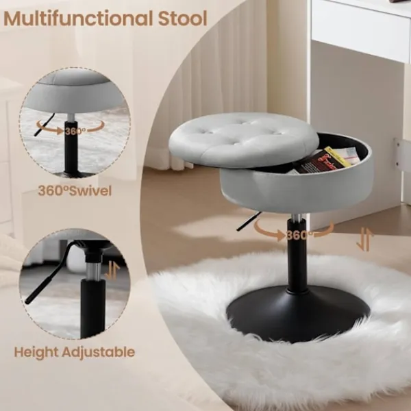 Rootz Living Pallar>Rootz justerbar sammetsbarstol - Bänkpall - Kökspall - Slitstark, multifunktionell, förvaringsutrymme - 39,5 cm Sittdiameter, höjd 49,5-65 cm