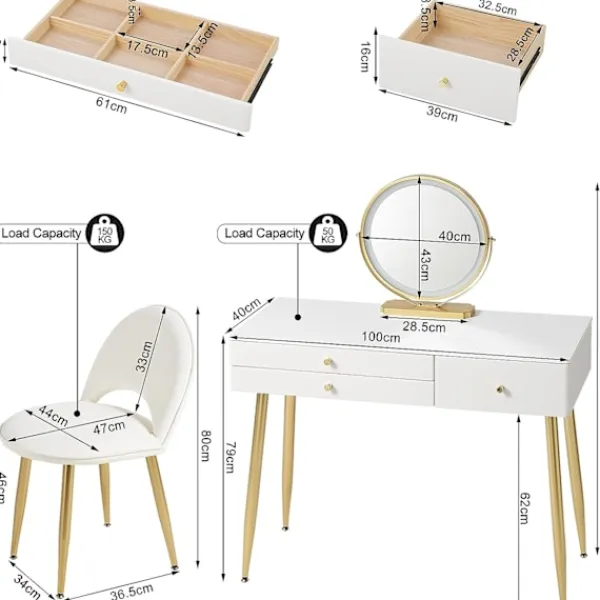 Rootz Living Sminkbord>Rootz justerbart sminkbordsset - Sminkbord med pall - Sminkbord med LED-spegel - Ergonomisk komfort - Gott om förvaring - Robust design - 100 cm x 122 | Fyndiq