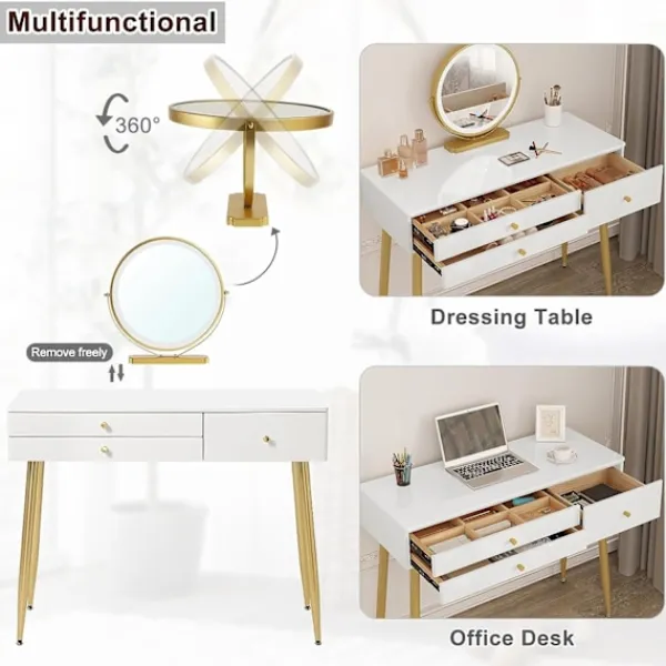 Rootz Living Sminkbord>Rootz justerbart sminkbordsset - Sminkbord med pall - Sminkbord med LED-spegel - Ergonomisk komfort - Gott om förvaring - Robust design - 100 cm x 122 | Fyndiq