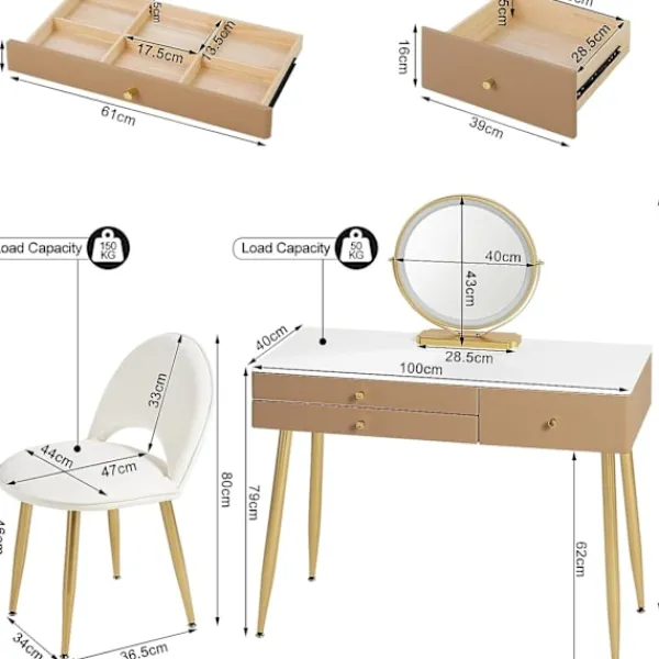 Rootz Living Sminkbord>Rootz justerbart sminkbordsset - Sminkbord - Sminkbord - LED-spegel - Ergonomisk pall - Gott om förvaring - 100 cm x 122 cm x 40 cm