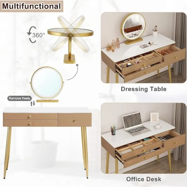 Rootz Living Sminkbord>Rootz justerbart sminkbordsset - Sminkbord - Sminkbord - LED-spegel - Ergonomisk pall - Gott om förvaring - 100 cm x 122 cm x 40 cm