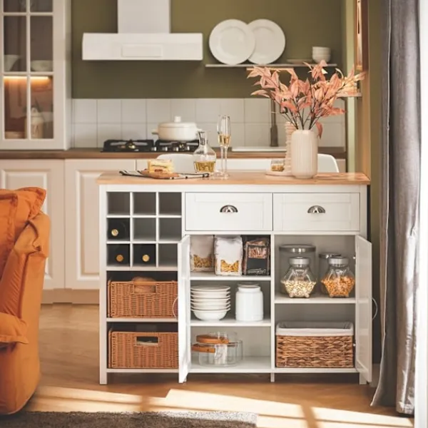 Rootz Living Köksö>Rootz Kitchen Island - Barbord - Beverage Station - Förvaringsskåp - Rubberwood Top - 120cm x 90cm x 56cm