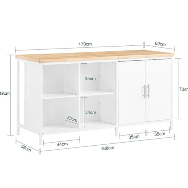 Rootz Living Köksö>Rootz Kitchen Island Förvaringsskåp - Matsalsbuffé - Displayställ - MDF - Metallram - Bordsskiva av gummi - 170cm x 89cm x 60cm