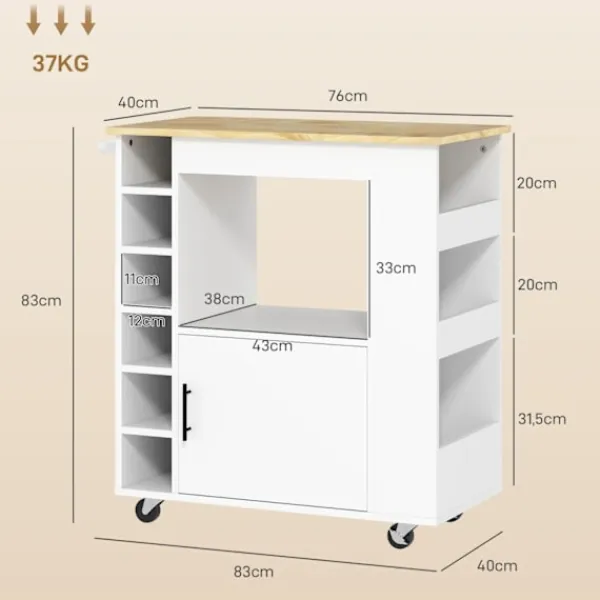 Rootz Living Köksö>Rootz Kitchen Trolley - Rolling Island - Portable Cart - Wine Racks & Storage - Rubberwood Top - 83L X 40W X 83H CM