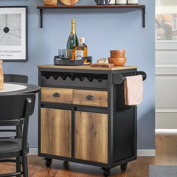 Rootz Living Köksö>Rootz Kitchen Trolley Cart - Förvaringsvagn - Kitchen Island - MDF och metall - Handduks- och flaskställ - 89cm x 87cm x 40cm