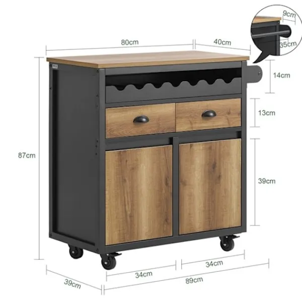 Rootz Living Köksö>Rootz Kitchen Trolley Cart - Förvaringsvagn - Kitchen Island - MDF och metall - Handduks- och flaskställ - 89cm x 87cm x 40cm
