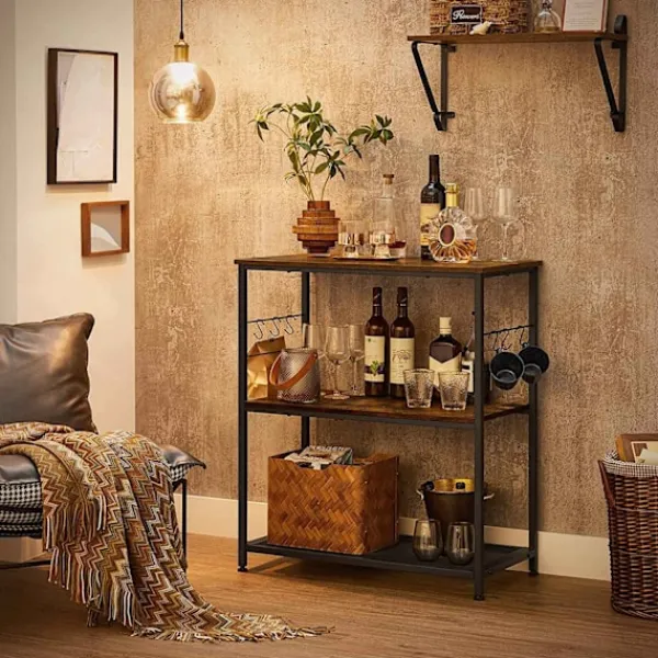 Rootz Living Köksö>Rootz Kökshylla i industriell stil med krokar - Vintage Brun-Svart - Spånskiva och stål - 80cm x 40cm x 90cm - Heavy-Duty Design