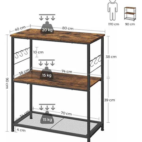 Rootz Living Köksö>Rootz Köksställ - Skänk - Förvaringsställ - 3 hyllor - 6 krokar - Bearbetat trä - Metall - Industriell - 80 x 40 x 90 cm