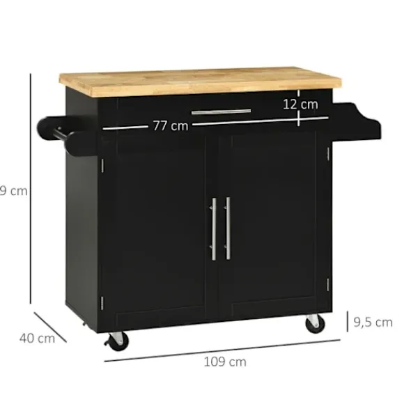 Rootz Living Köksö>Rootz Köksvagn - Köksö - Serveringsvagn - 1 Kryddställ - 1 Handdukshållare - Gummiträ - Svart - 109L x 40W x 89H cm