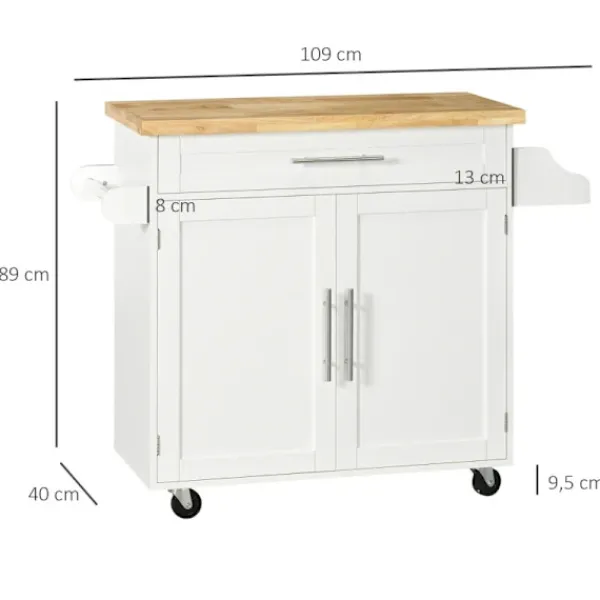 Rootz Living Köksö>Rootz Köksvagn - Serveringsvagn - Köksö - 1 kryddställ - 1 handdukshållare - Justerbar i höjdled - Gummiträ - Vit - 109L x 40W x 89H cm