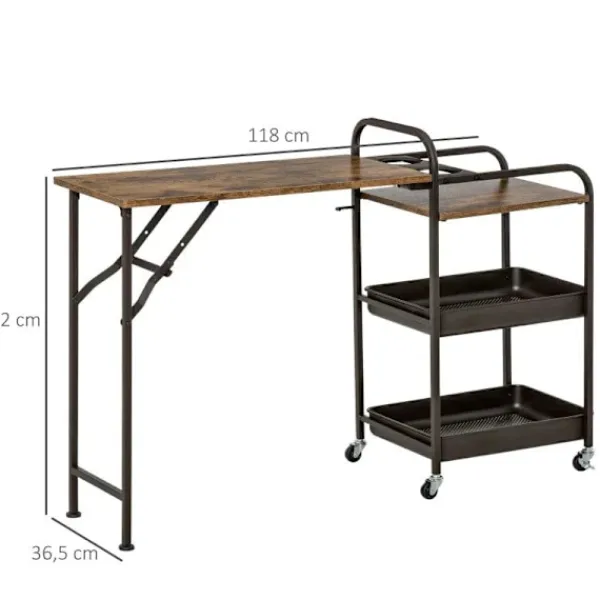 Rootz Living Köksö>Rootz Köksvagn - Tevagn - Serveringsvagn - Hopfällbart bord - Brun/Svart - 118 cm x 36,5 cm x 82 cm