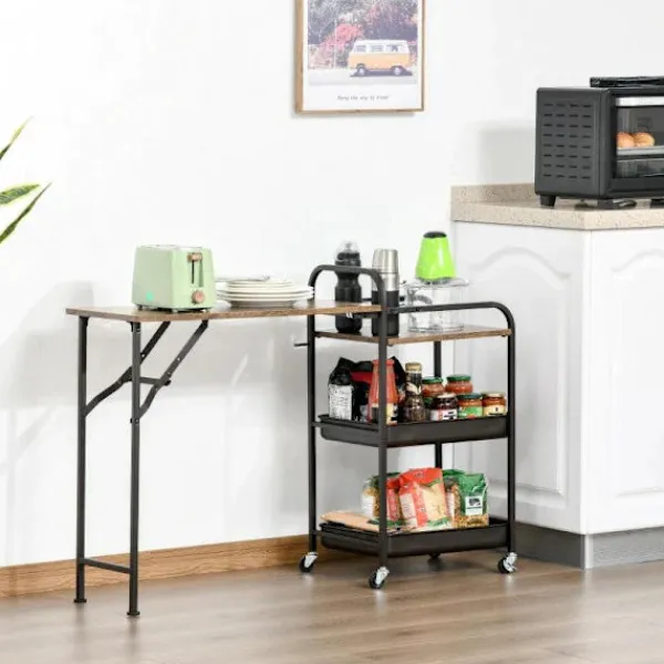 Rootz Living Köksö>Rootz Köksvagn - Tevagn - Serveringsvagn - Hopfällbart bord - Brun/Svart - 118 cm x 36,5 cm x 82 cm