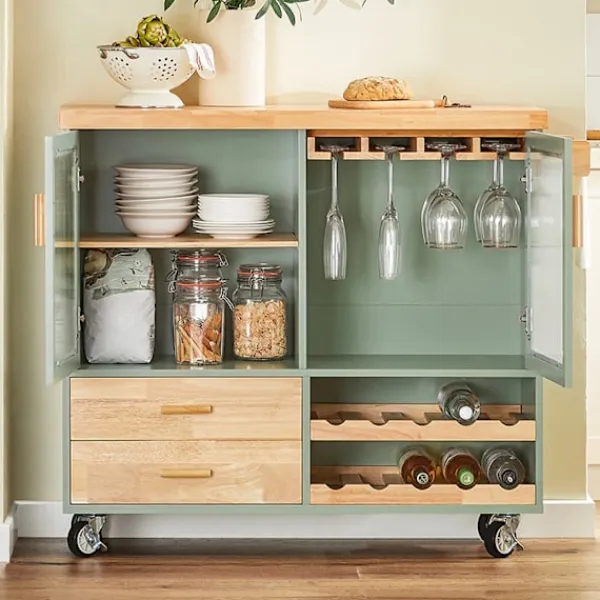 Rootz Living Köksö>Rootz Köksvagn FKW114-GR - Köksö - Skänk - Vinglashållare - Flaskhylla - Slitstark MDF & Bambu - 109cm x 92cm x 40cm